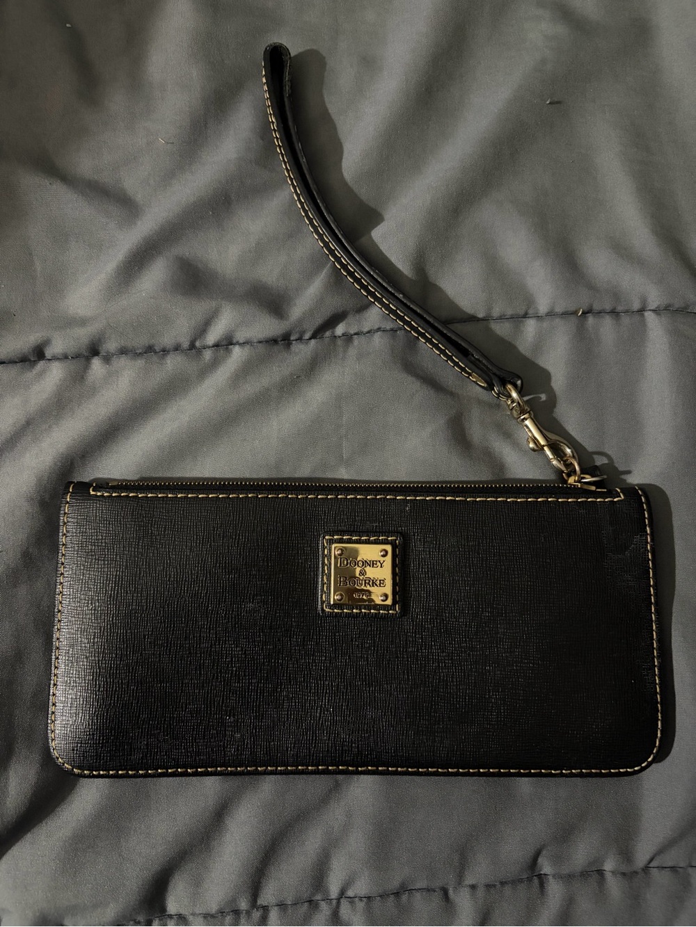 Dooney & Bourke Black Leather Wristlet with Gold Plaque